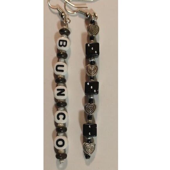 Bunco Earrings Handmade Original Design Black Dice Silver Heart Bunco Lover Gift - Picture 1 of 7